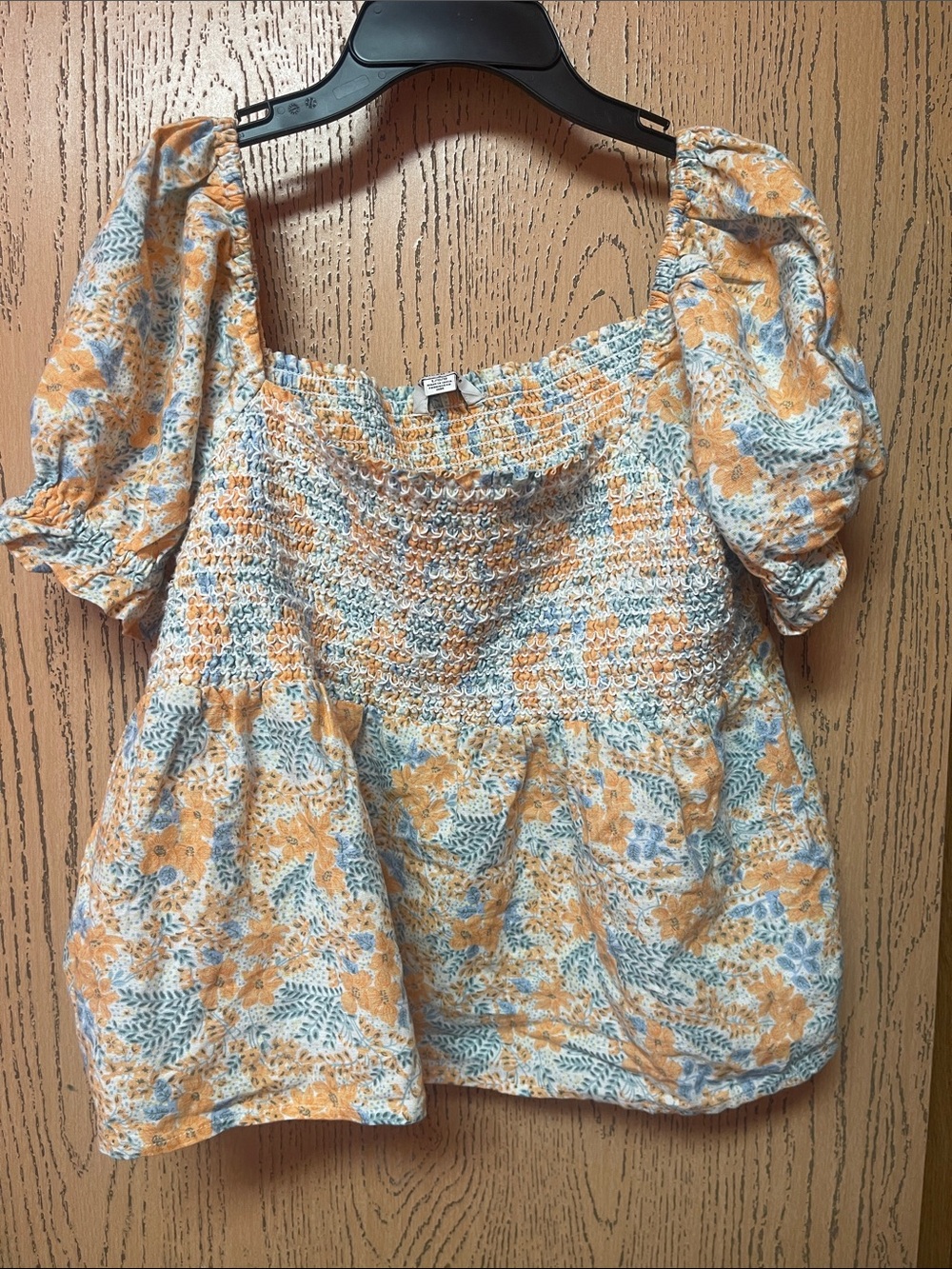 American Eagle Outfitters Orange and Light Blue Smocked Square-Neck Top